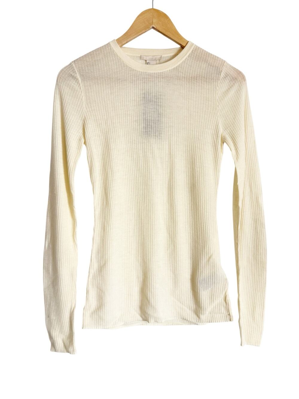 H&M Solid Cream Crewneck Long Sleeve Sheer Knit Neutral Top Size Small
